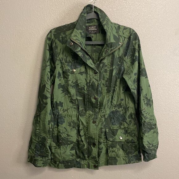 Green utility jacket with tropical print- Size large - Picture 1 of 12